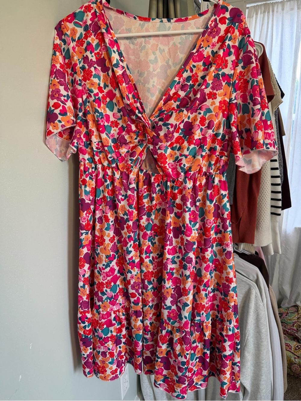 SHEIN Pink Multi Floral V-Neck Midi Dress